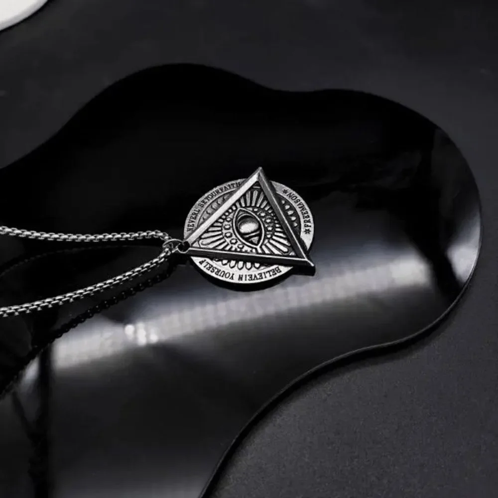 Stainless Steel Masonic Illuminati All Seeing Evil Eye Pendant Chain Necklace